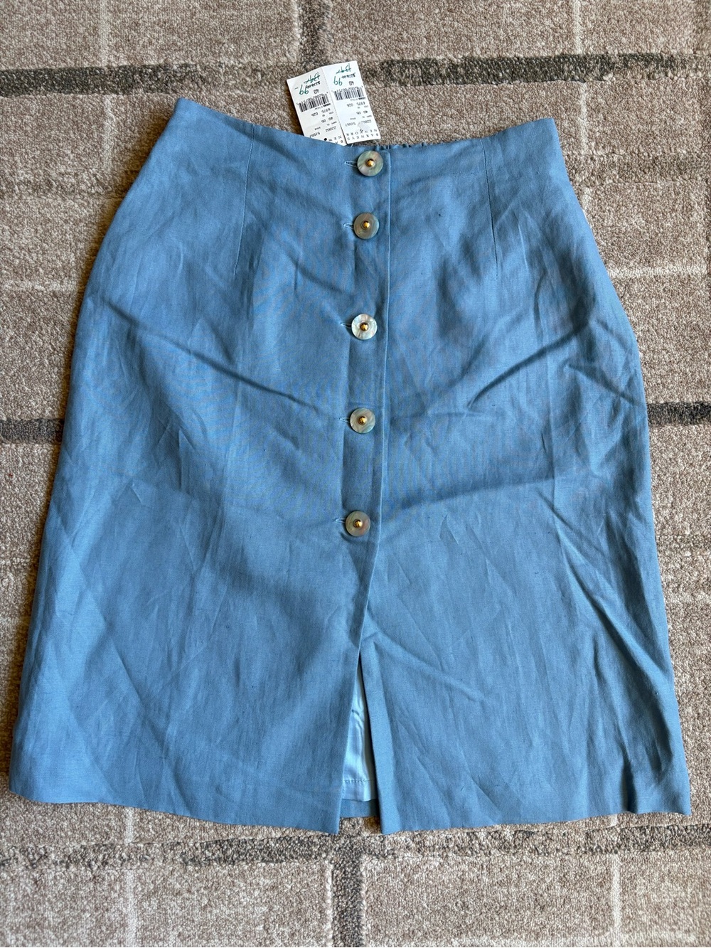Barney’s New York Linen Blend Mother of Pearl Button-Front Blue Women's Skirt